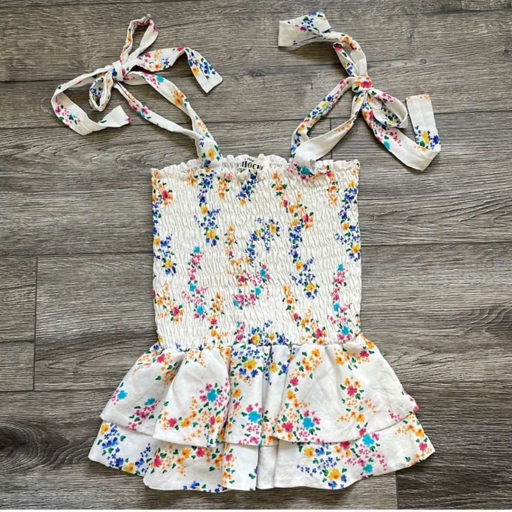 All Things Mochi 100% Silk Halo Smocked Tie Strap Peplum Ruffle Multicolor Tank